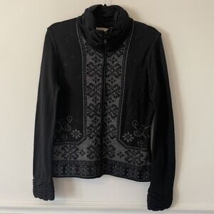 Simply Natural Alpaca Blend Black Floral Full Zip Knit Sweater Jacket Sz M Peru